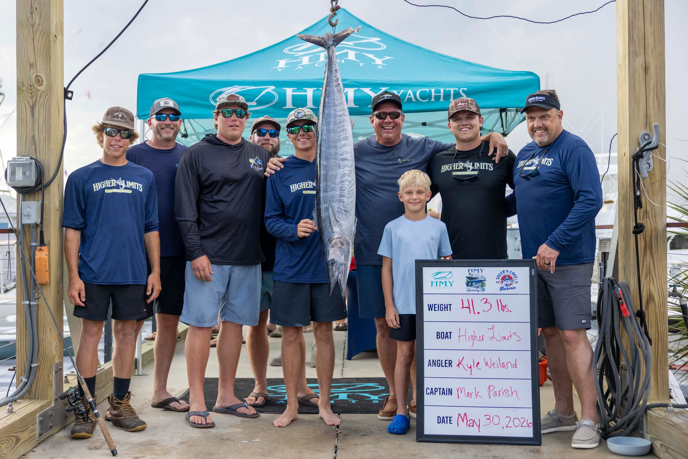 Team Higher Limits with their 41.3-pound first-place wahoo at the HMY Lowcountry Cup weigh-in