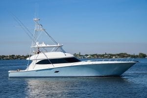 2010 Viking 82’ Convertible “Rite Angler” sitting in the water.