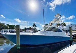 2018 Viking 52’ Sport Tower “All Damm Day 2” sitting at the dock.