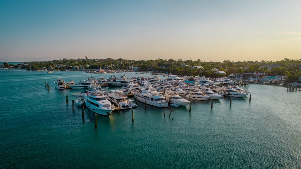 Yachts docked in a marina in Harbour Island. 
