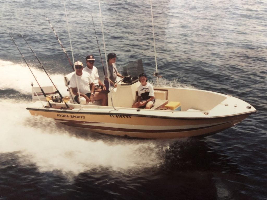 Mark Mitchell on a skiff