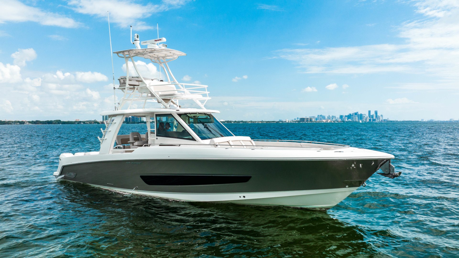 2018 Boston Whaler 420 Outrage “Lady G” profile image of the boat sitting in the water. 