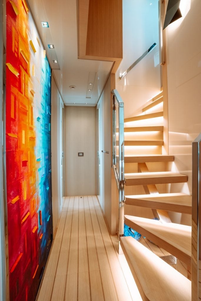 Decorative hallway onboard Fifty Shades the yacht for charter vacations.
