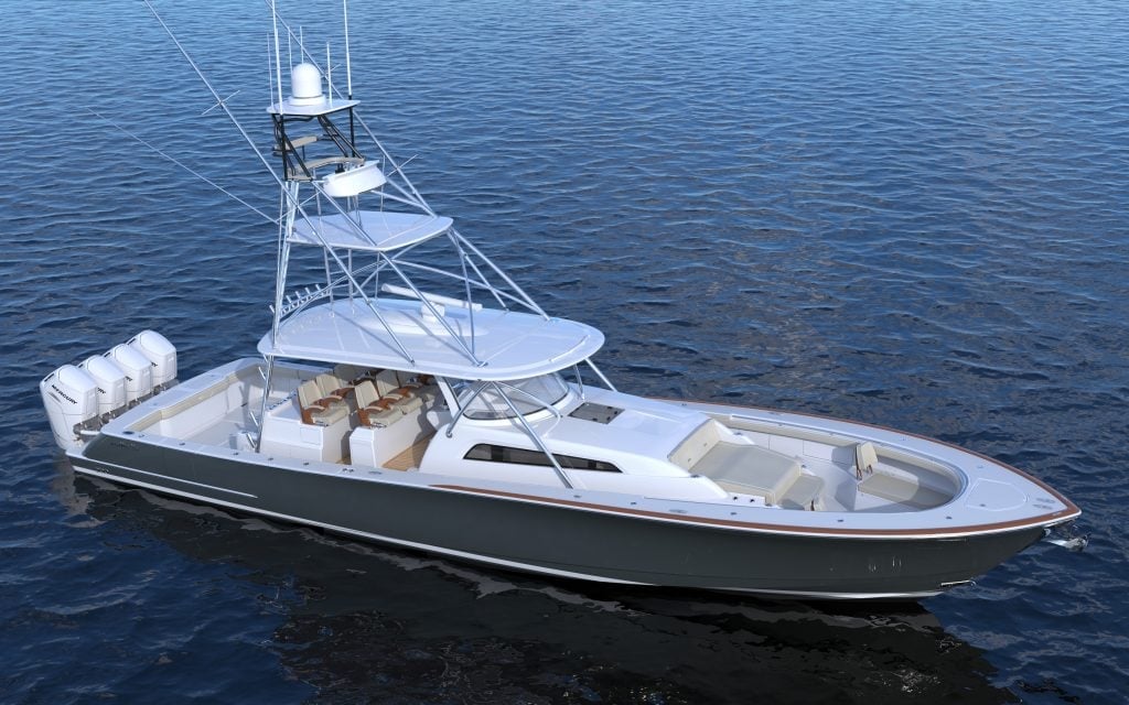 Valhalla Boatworks V-55 boat with tower sitting on the water.