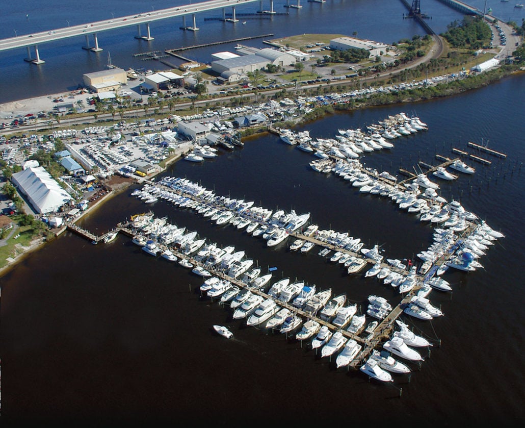 Aerial photo of docks and tents on display at the Stuart Boat Show.