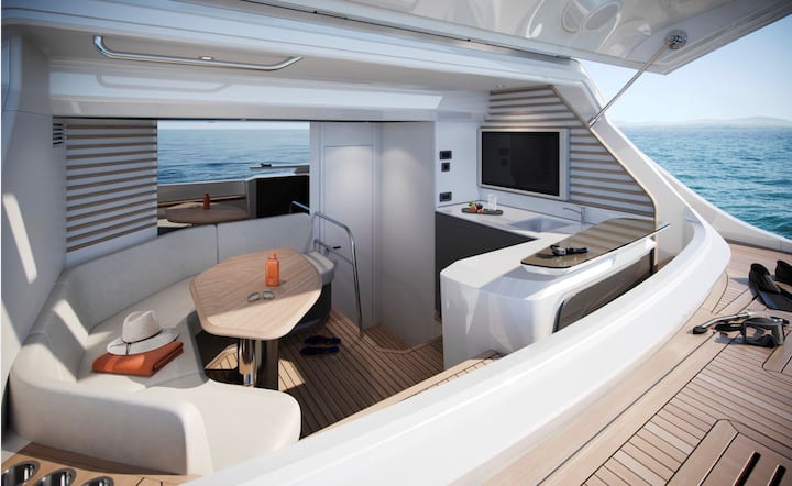 the exterior of the Y95 Princess yacht showing the beachclub aft.