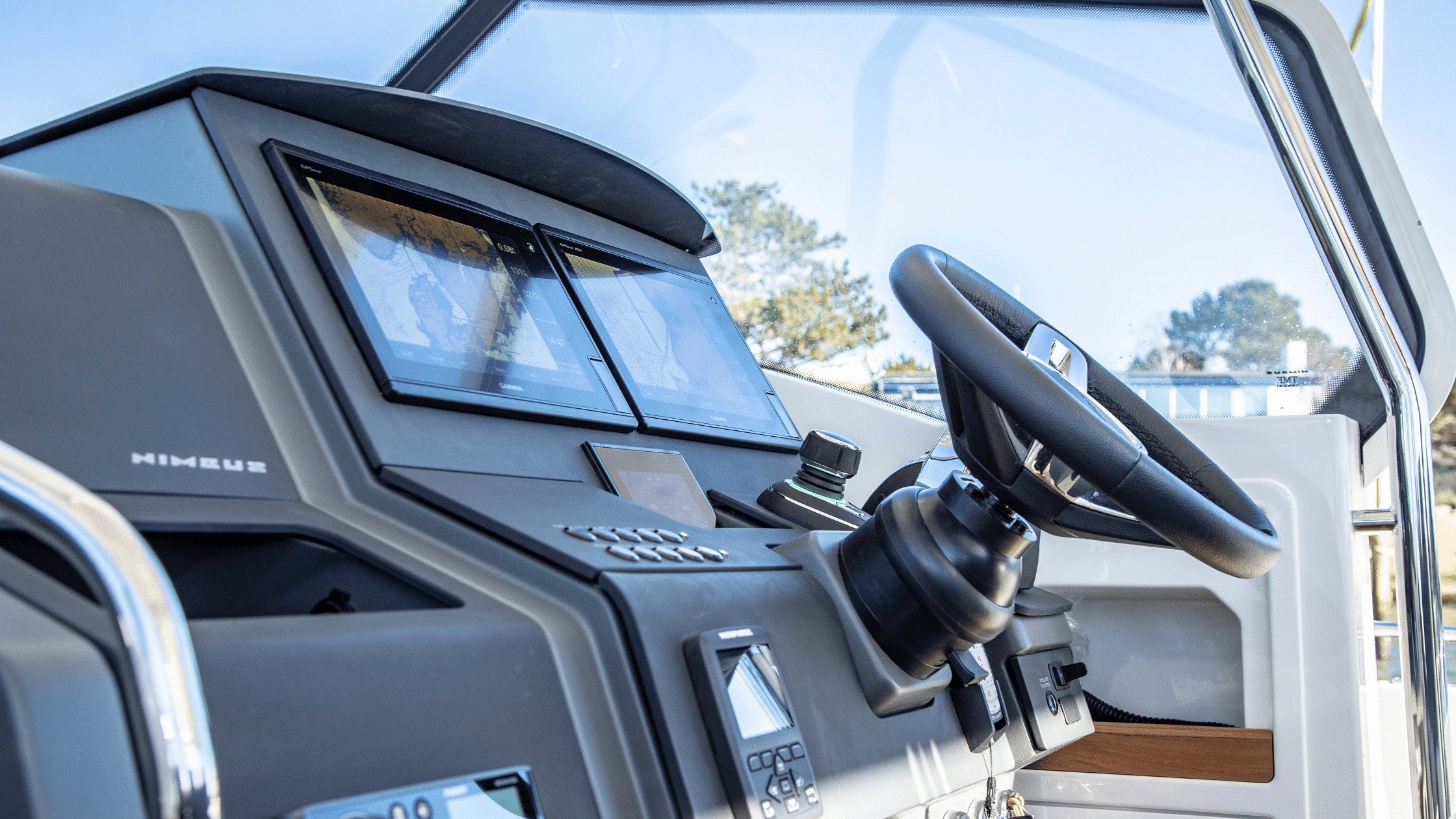The helm onboard the Nimbus T11 boat.