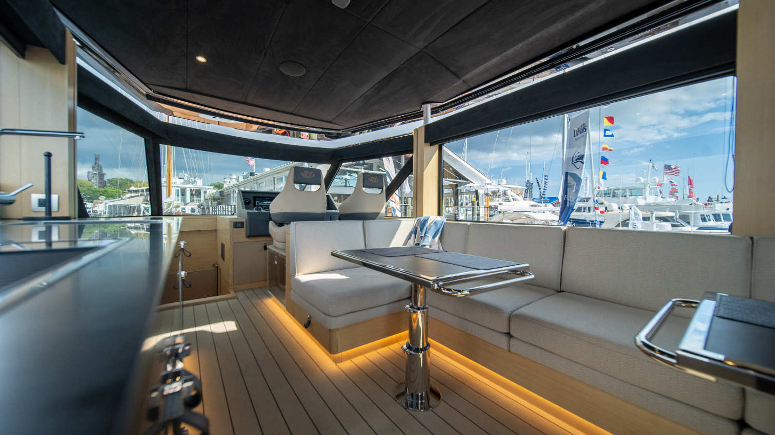 Interior image showing an entertainment area on GRIT the 2025 Steeler Bronson 67 Beachclub