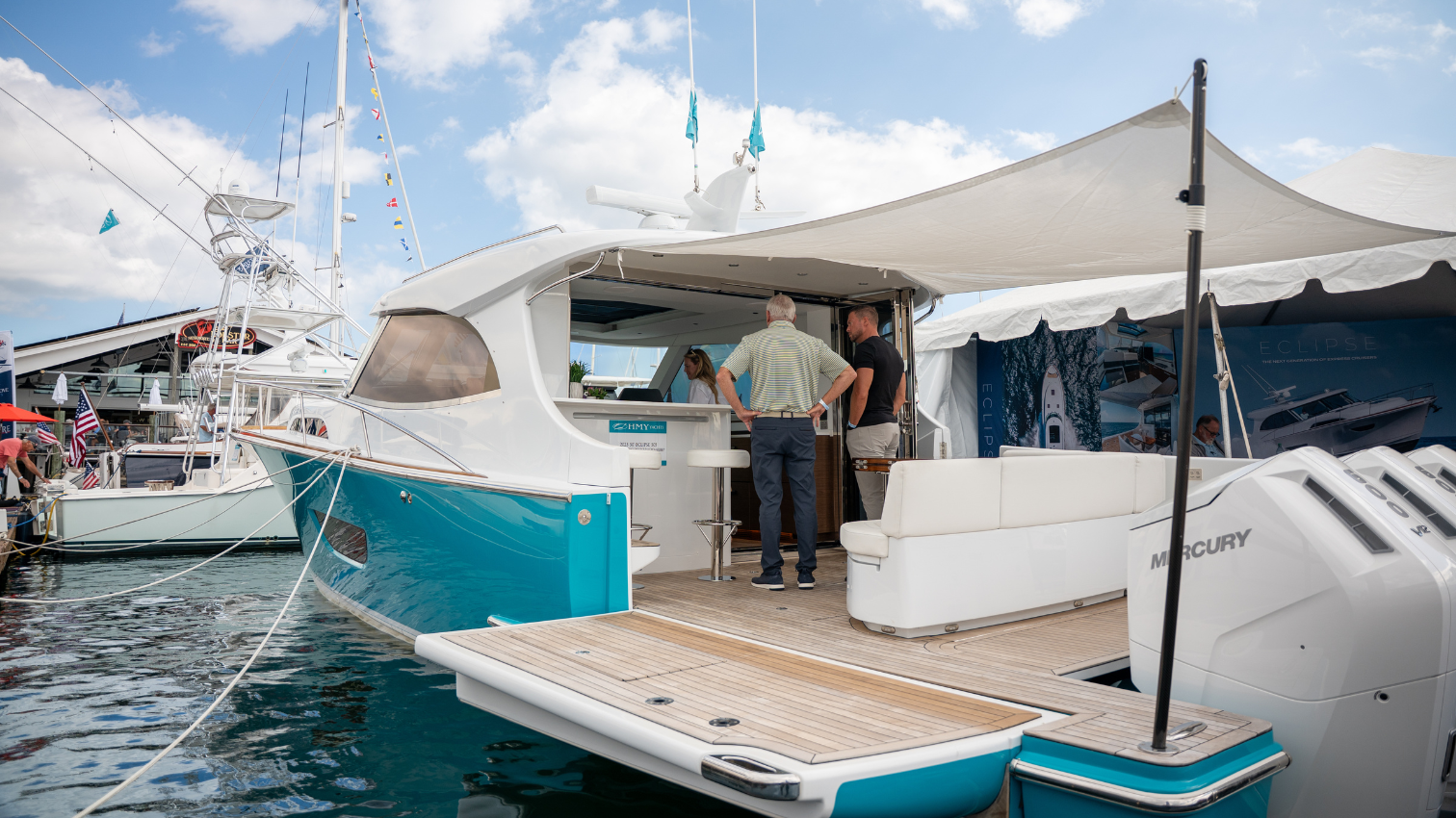 ECLIPSE 505 Shadow sitting in the water and on display at the Newport International Boat Show.